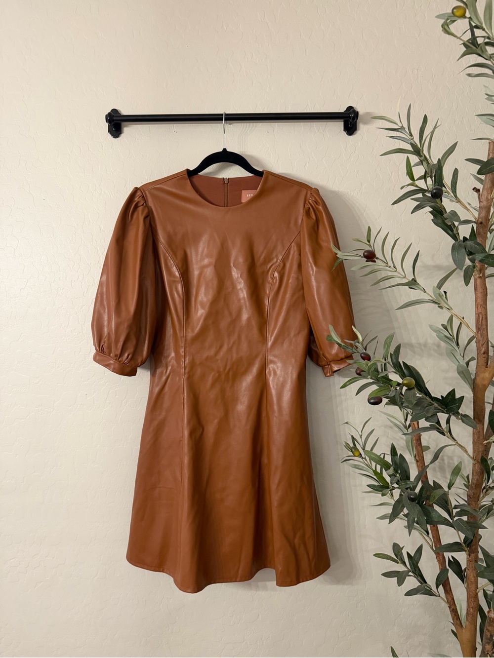 JessaKae Faux Leather Puff-Sleeve Dress - Brown